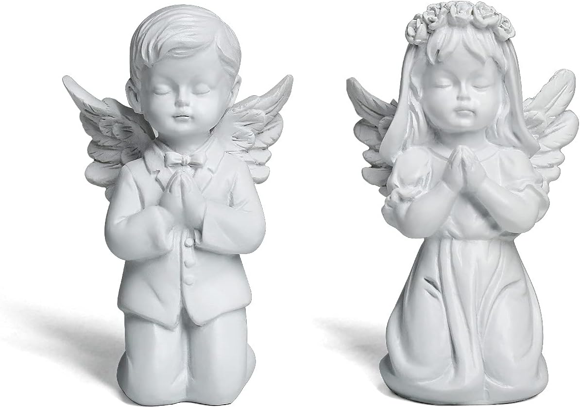 YUEOECOR 2PCS Cherubs Angels Resin Garden Statue Figurine, Adorable Angel Sculpture Memorial Statue
