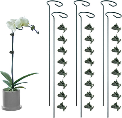 6 Pack Plant Support Stakes with 24 Pcs Plant Clips,Single Stem Support Stake Plant Cage Support