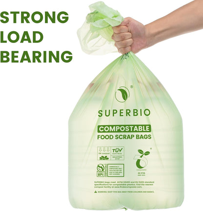 SUPERBIO 13 Gallon Flat Top Compostable Food Waste Bags, 50 Count, 2 Pack, 49.2L, 0.87 Mil, ASTM