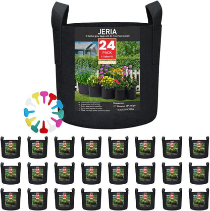 JERIA 24-Pack 5 Gallon Nonwoven Grow Bags, Plant Grow Bags，Heavy Duty Aeration Fabric Pots with