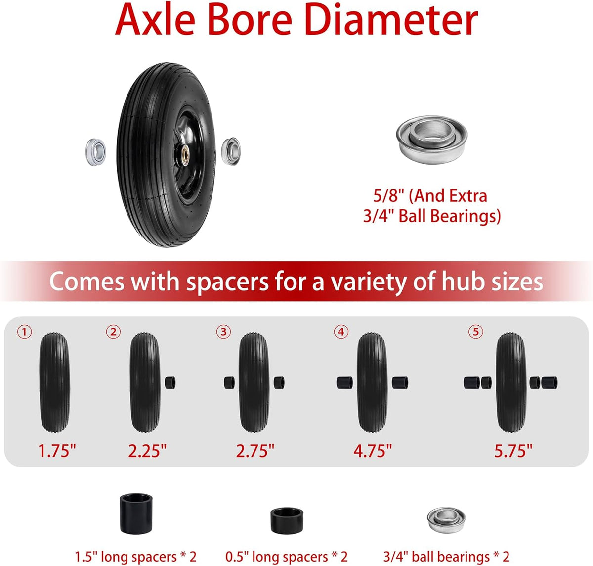 (2-Pack) 4.00-6 Wheelbarrow Tires, 13 Inch Pneumatic Tire and Wheel with 5/8" or 3/4" Bearings