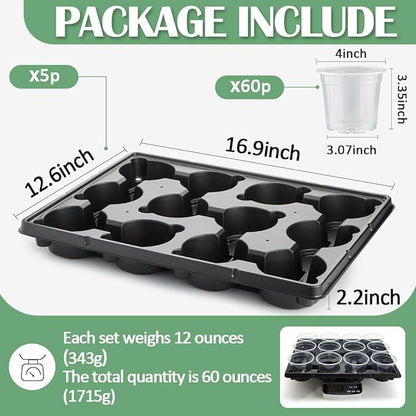 12 Cell Nursery Pot Trays 5 Pack with 4 Inch Clear Plant Pots 60 Pack, Thick Sturdy Seeds Starting