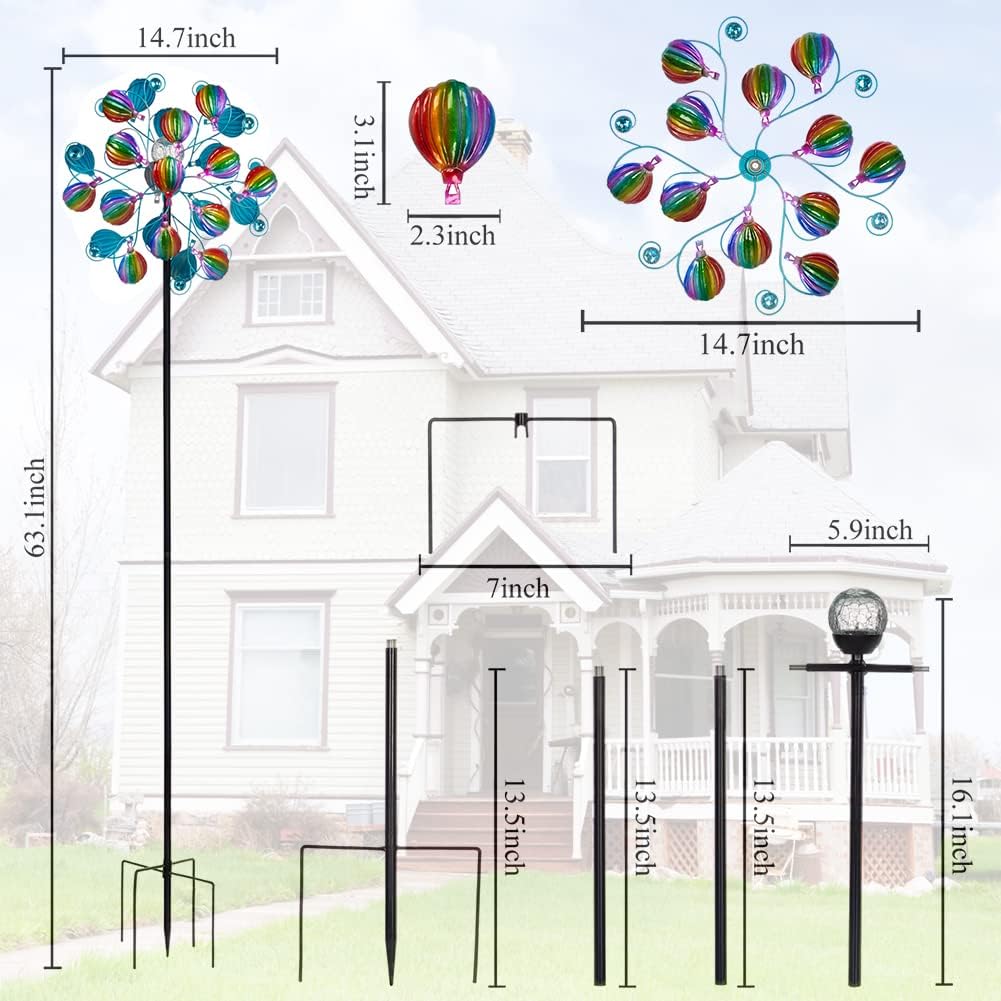 Solar Wind Spinners Outdoor,Hot Air Balloon Wind Spinner with LED Glass Ball,Muti-color Wind
