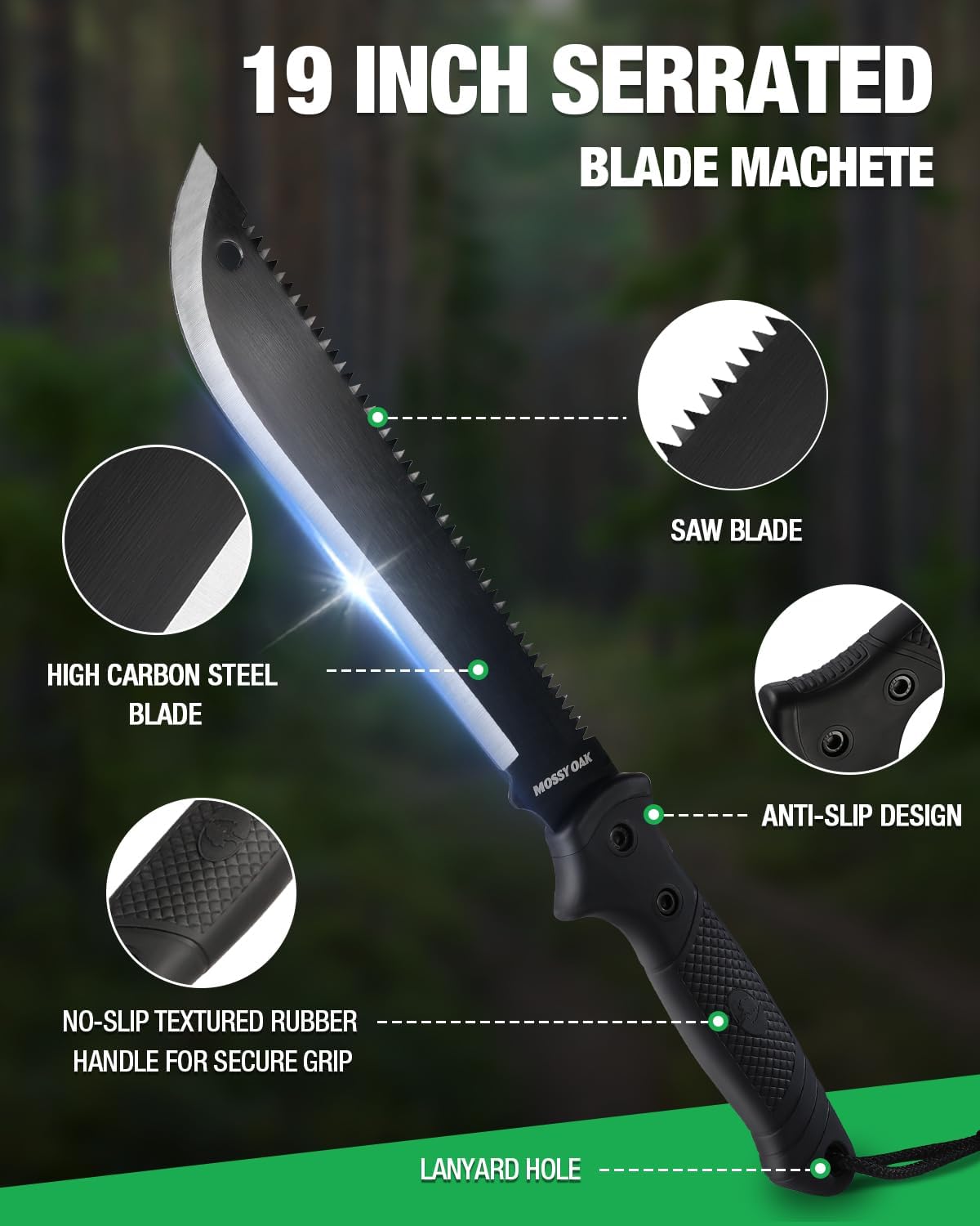 MOSSY OAK Machete with Saw, 19" Sharp Machete with Sheath, Ergonomic No-Slip Handle, Machetes for
