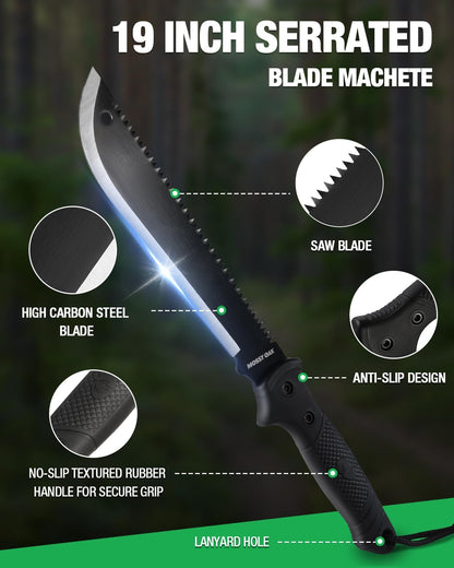 MOSSY OAK Machete with Saw, 19" Sharp Machete with Sheath, Ergonomic No-Slip Handle, Machetes for