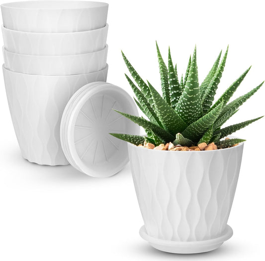 4 inch Plant Pots, 5 Pack Flower Pots Outdoor Indoor, Planters with Drainage Holes and Tray