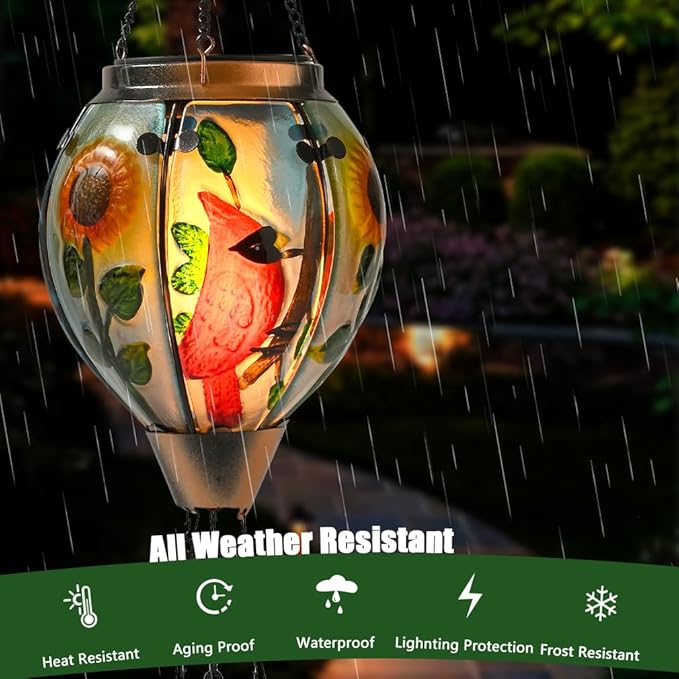 Hot Air Balloon Solar Lantern - Large Cardinal Bird Glass Lantern, Simulated Flickering & Dancing