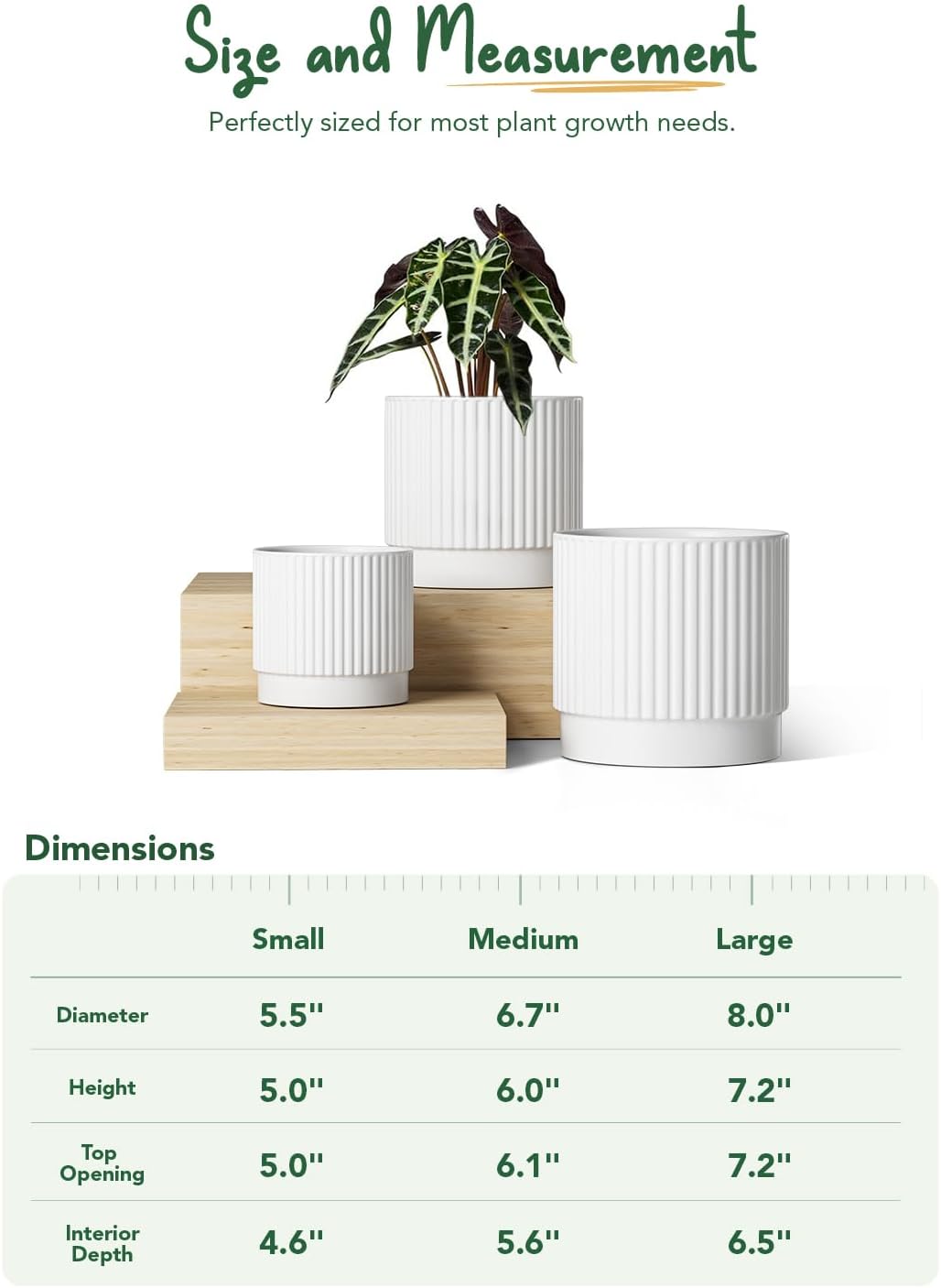 LE TAUCI Ceramic Pots for Plants, 8+6.7+5.5 Inch Plant Pots Indoor, Flower Pot with Drainage Holes