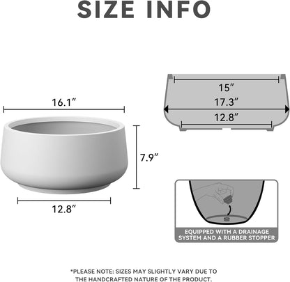 Kante 16.1" Dia Round Curvy Concrete Planter, Large Plant Pots with Drainage Hole and Rubber Plug
