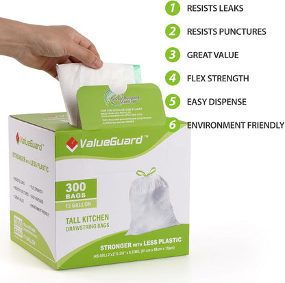 Large Trash Bags 13 Gallon Tall Drawstring 100% Post-Consumer Recycled Garbage Bag Waste Bag for