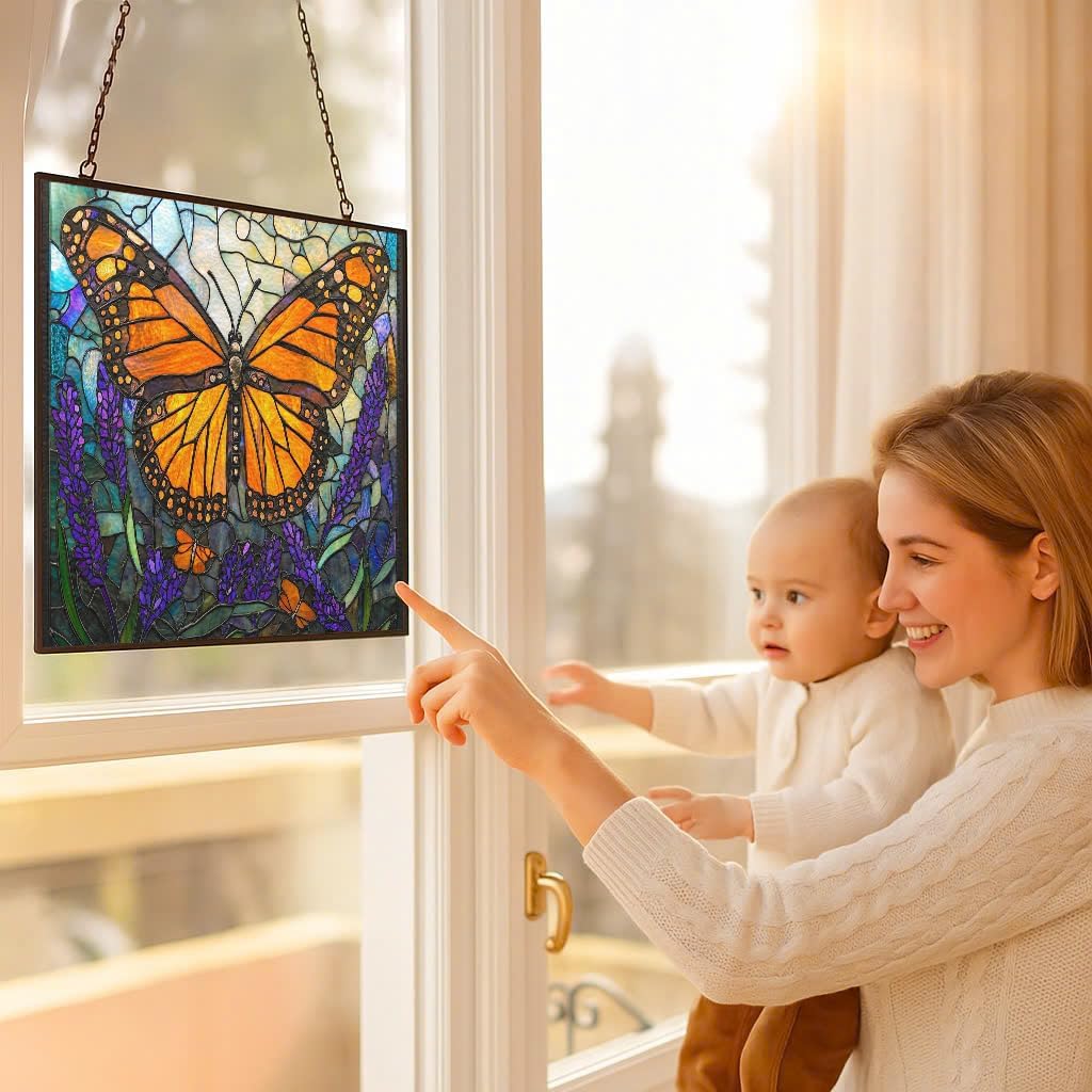 Personalized Rectangle Art Nouveau Monarch Over Lavender Stained Glass Suncatcher Stained Glass