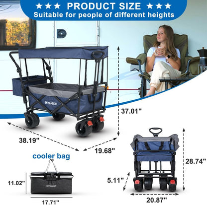 SKYMANOR Collapsible Wagon with Removable Canopy, 3-in-1 Heavy Duty Garden Cart with Big