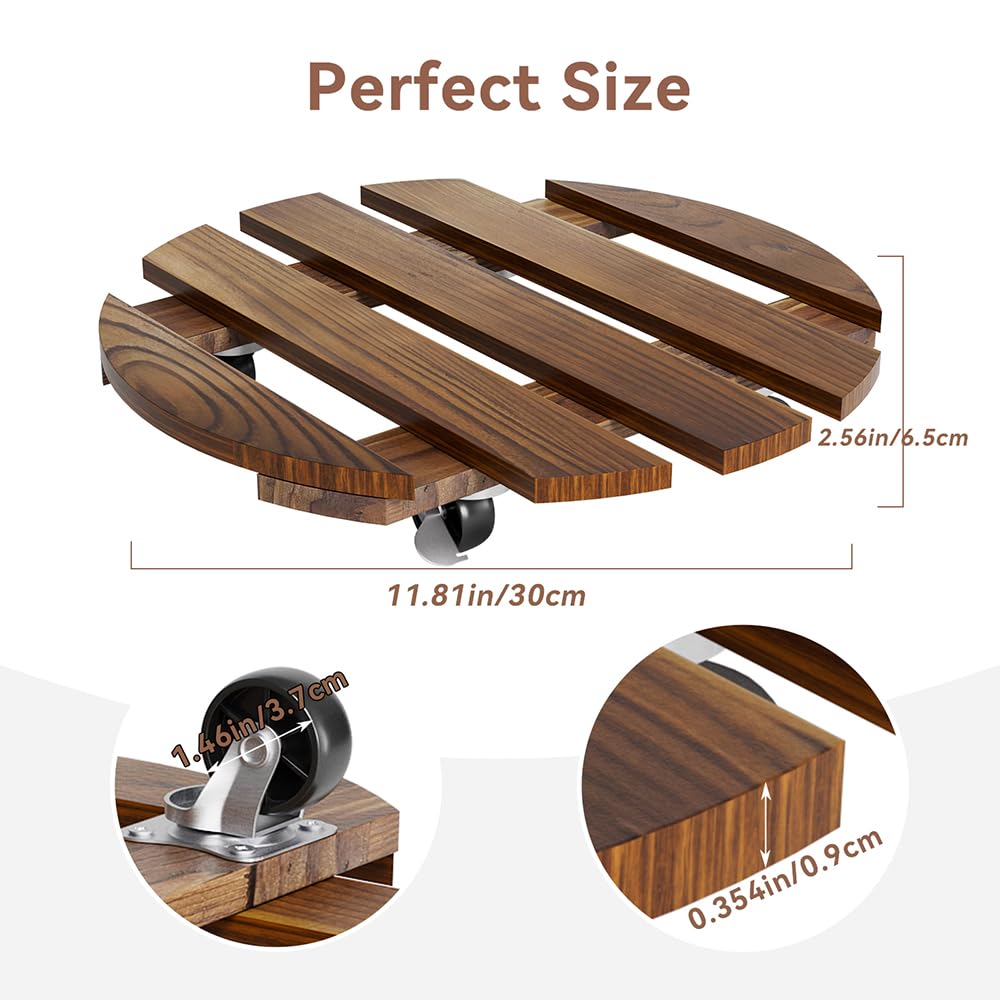 2 Pack 12 IN Wood Plant Caddy, 360 Lock Wheels Indoor Outdoor Heavy Stand