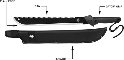 Gerber Gear Gator Machete 25" with Plain Edge Blade and Saw, Gator Grip and Protective Sheath for