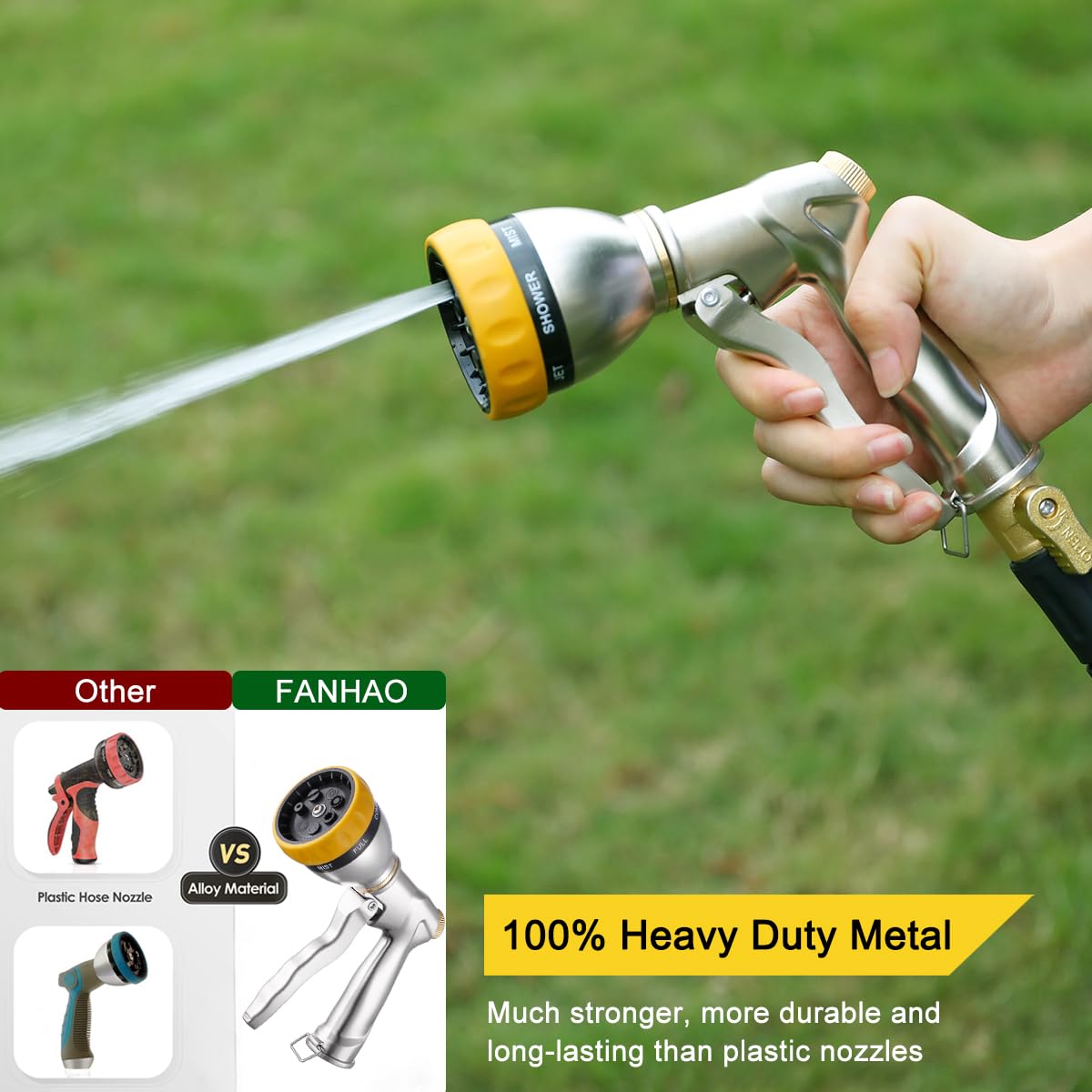 FANHAO Metal Garden Hose Nozzle Heavy Duty, 7 Adjustable Spray Patterns