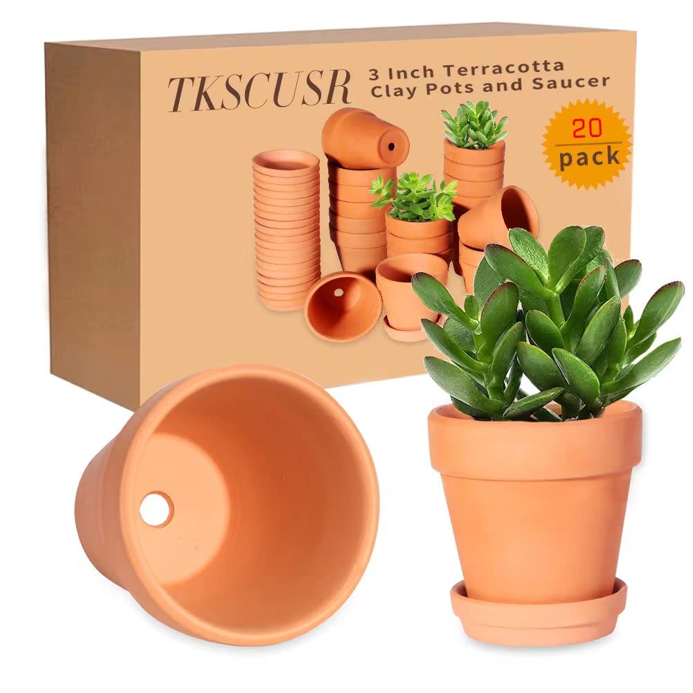 TKSCUSR 3 Inch Terracotta Pots with Saucer-20 Pack，Cactus Terra Cotta Flower Pot with