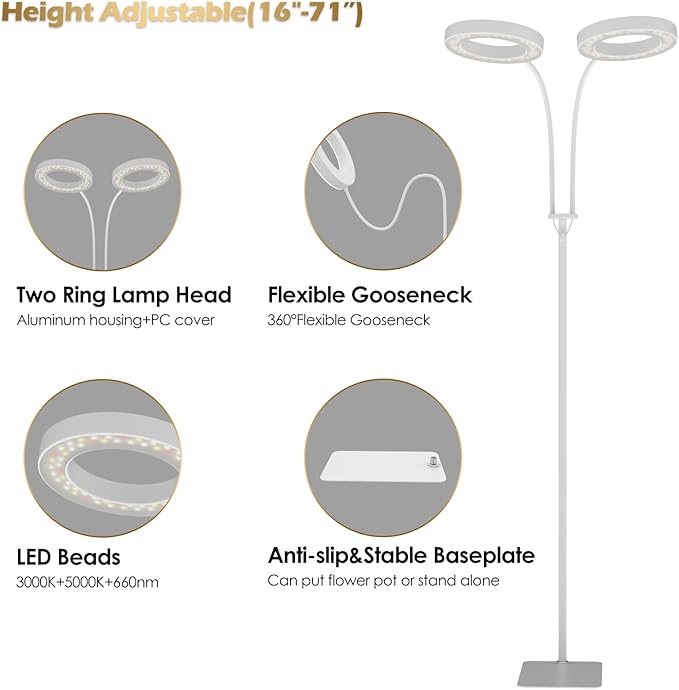 GLOWRIUM Grow Light with Stand,2-Head LED Plant Light for Indoor Plants, Full Spectrum Grow Lamp