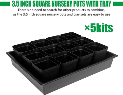 3.5 inch (9CM) Square Nursery Pots 60pcs, Sturdy Seedlings Trays 5 Pcs, Seeds Starter Germination