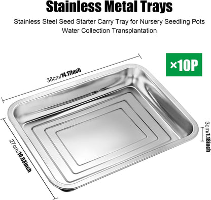 10 Pack Stainless Metal Trays, Stainless Steel Seed Starter Carry Tray for Nursery Seedling Pots