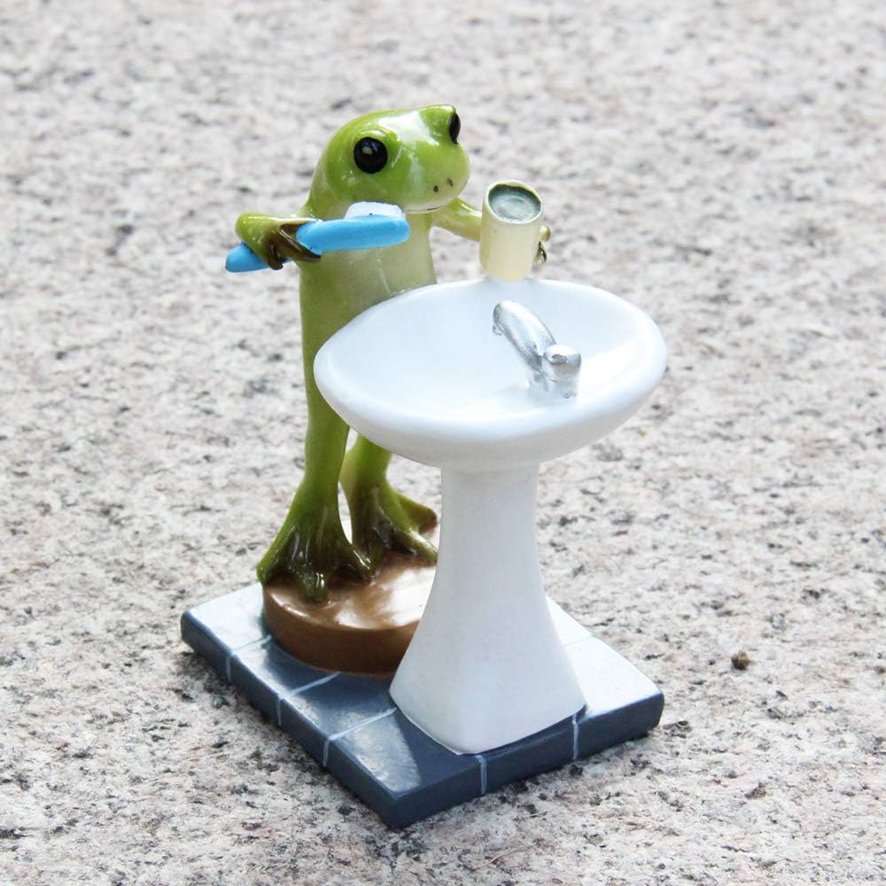 Tfro & Cile Frog Garden Statue Decor Miniature Animal Figurine Outdoor Fairy Brushing Teeth