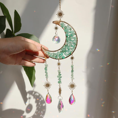 Moon Suncatcher Hanging Decor, Boho Chic Green Aventurine Crystal Sun Catcher, Spritual Sun Light