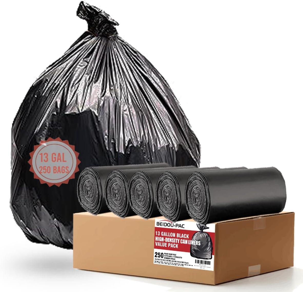 13 Gallon Trash Bags, 250 Count Black Tall Kitchen Garbage bags, Multi-purpose Trash Can Bin Liners