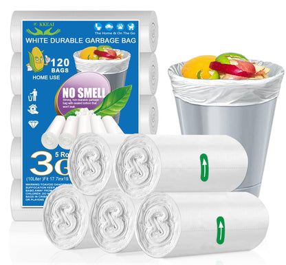 OKKEAI 3 Gallon Small Trash Bags 120 Counts White Garbage Bags Small Bathroom Trash Can Bags 10L