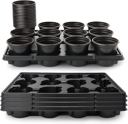 4 Inch Plastic Plant Pots 60 Pcs and 12 Cell Nursery Pots Trays 5 Pcs, Thick Sturdy Seeds Starting