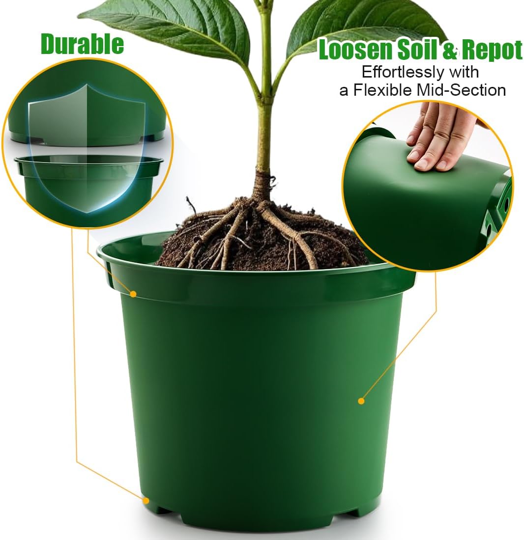 5 Gallon 12 Inch Plastic Nursery Pots, Plant Containers with Drainage Holes, Round Sturdy Garden