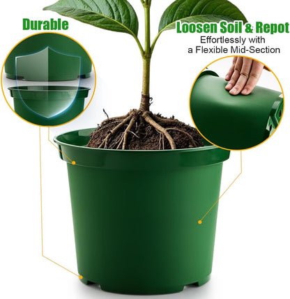 5 Gallon 12 Inch Plastic Nursery Pots, Plant Containers with Drainage Holes, Round Sturdy Garden