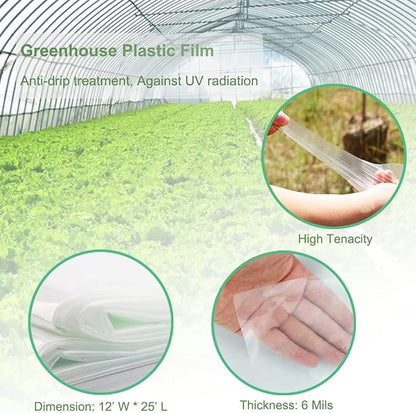 Yowlieu 12' x 25' Clear Greenhouse Plastic Sheeting, 6 Mil UV Resistant Polyethylene Greenhouse