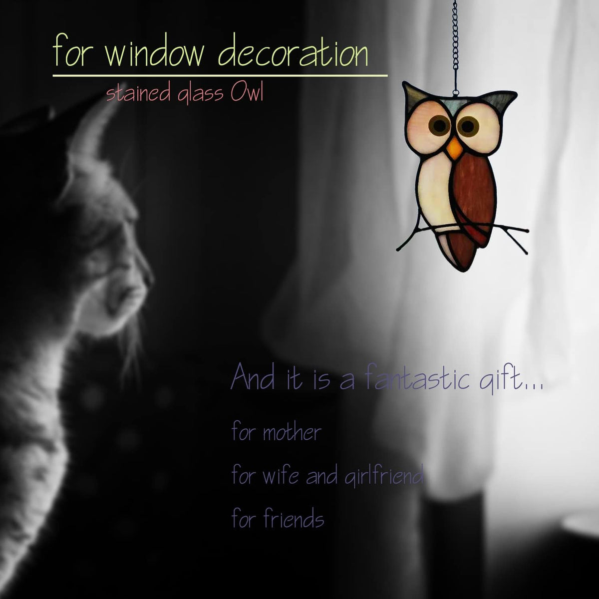 Stained Glass Owl Window Hanging Sun Catcher Halloween Decoration Birthday Gifts for Lover and