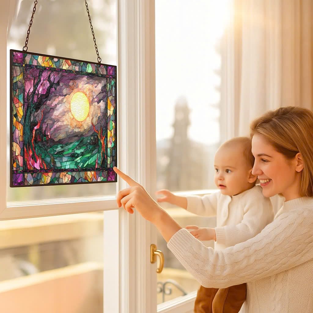 Personalized Rectangle Haunted Night Stained Glass Window Hangings, Handcrafted Stained Glass