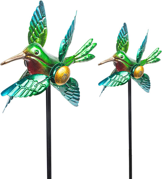 WONDER GARDEN Wind Spinners Outdoor - 2 Pack Small Metal Hummingbird Green Wind Spinner Windmill