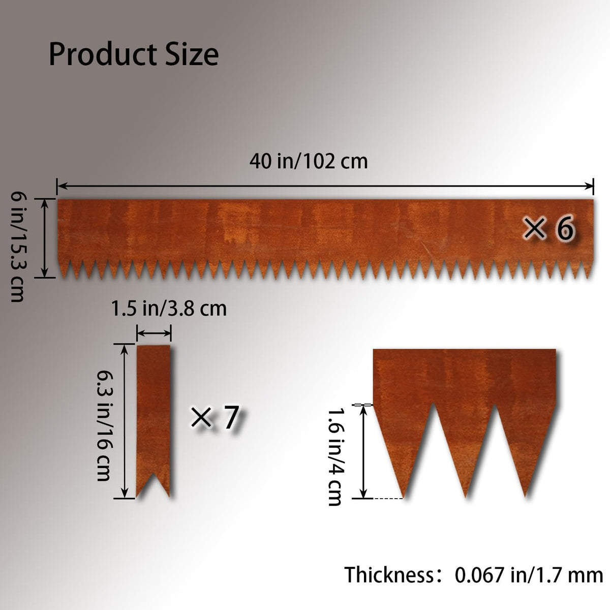 Corten Steel Landscape Edging, 40" L x 6" H, 15 GA Thickness, 6 Pack + 7 Stakes, Enhance Garden