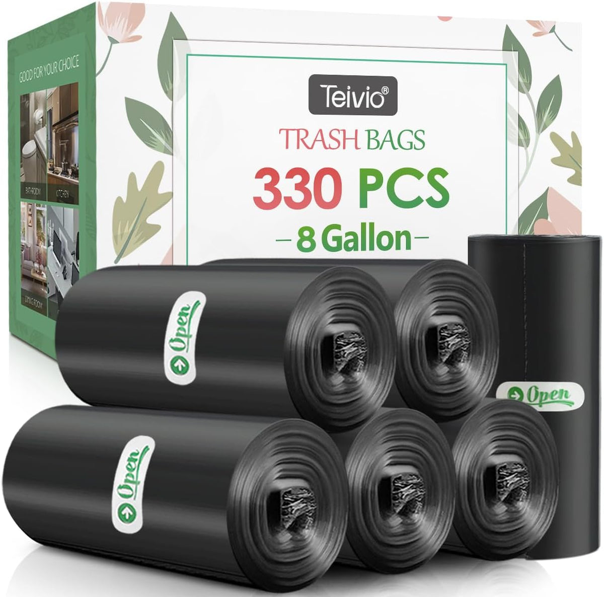 Medium Black Trash Bags 8 Gallon 330 Counts Strong Garbage Bags by Teivio,Waste Basket Trash