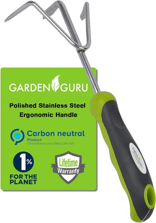 Garden Guru Hand Cultivator Rake Tiller Tool - Stainless Steel for Ultimate Strength - Rust