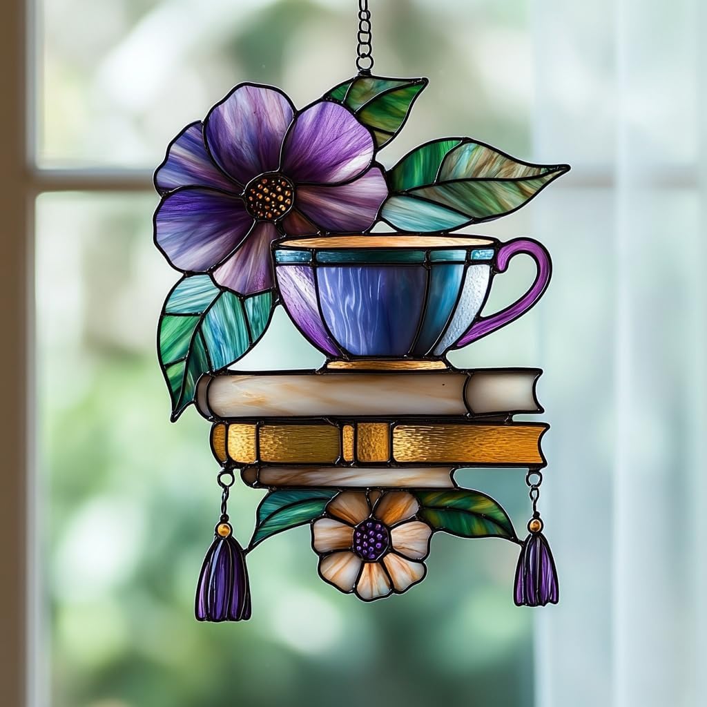 Hibiscus Tea Cup and Books Acrylic Suncatcher Stained Glass Effect Window Car Hanging Christmas