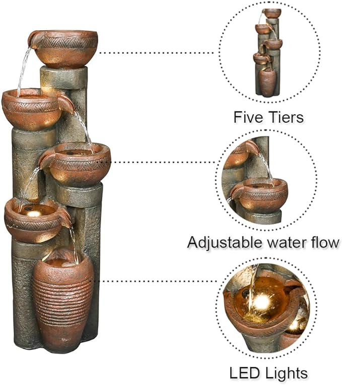5 -Tier Outdoor Garden Water Fountain Decor, Resin Fountain for Garden, Floor Patio, Deck, Porch