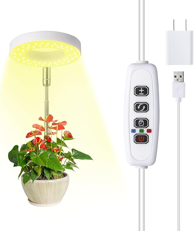 Halo Ring Grow Lights for Small Indoor Plants, Warm+White 48LEDs Full Spectrum Plant Light, Height