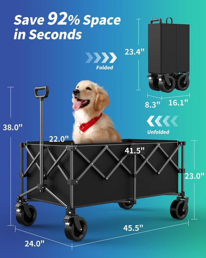 45.5" L Kitsure Collapsible Wagon - Heavy Duty Foldable Wagon with 440lbs Capacity, Adjustable