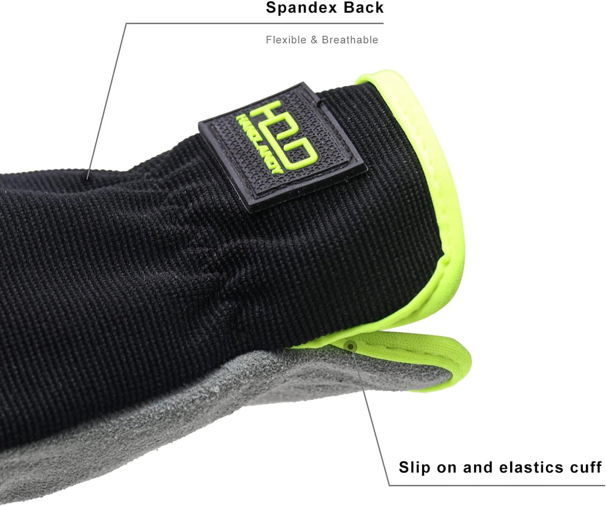 HANDLANDY Men Leather Gardening Gloves, Utility Work Gloves for Mechanics, Construction, Driver