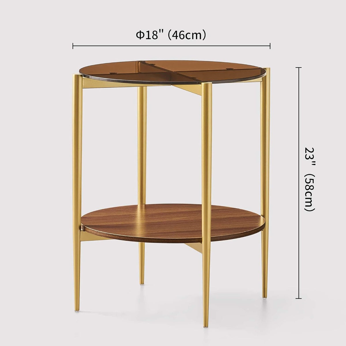 Round Glass End Table, Mid-Century Modern Design Sofa Table for Living Room, D18 x H23, 2-Tier