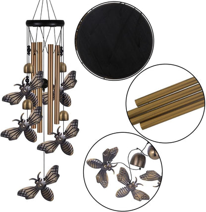 Garden Bee Wind Chimes Outdoor Indoor Decor - with 4 Tubes 4 Bells 5 Bees Wind Chime, Mobile