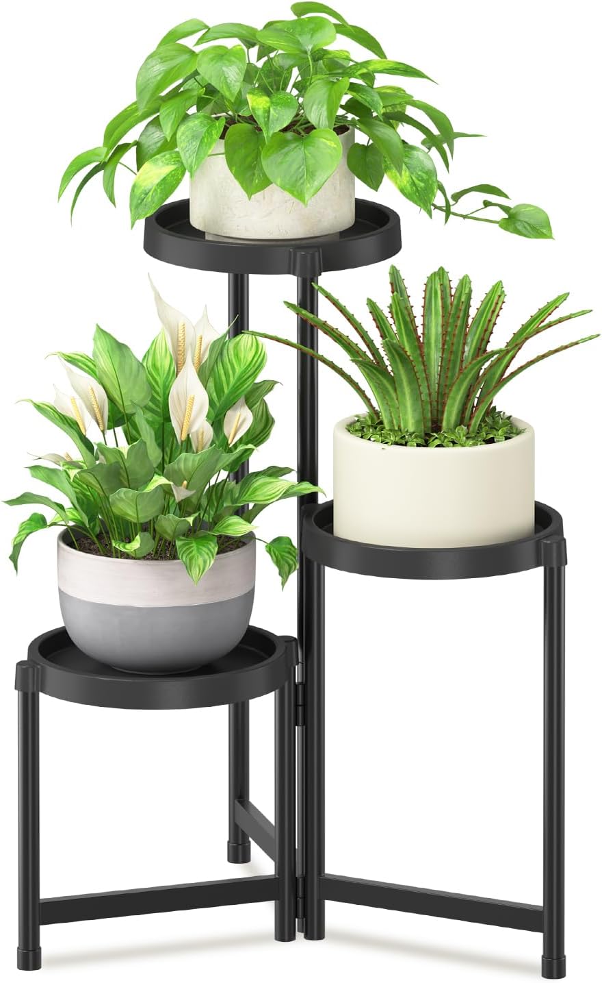 iDavosic.ly 3 Tier Folding Plant Stand Indoor Outdoor with Plastic Tray, Tiered Corner Flower