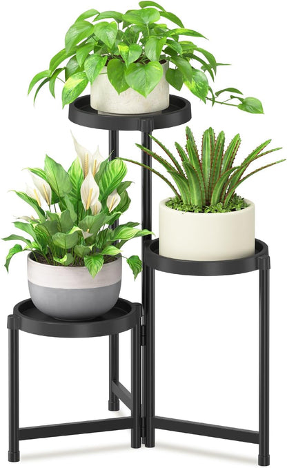 iDavosic.ly 3 Tier Folding Plant Stand Indoor Outdoor with Plastic Tray, Tiered Corner Flower