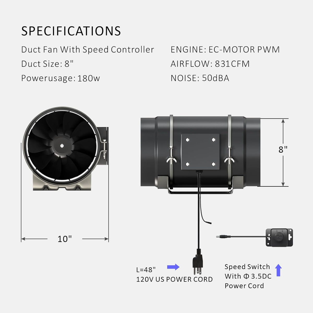 Toolazy Quiet 8" Inline Duct Fan 831 CFM Ventilation Exhaust Fan EC Motor and External 0-100%