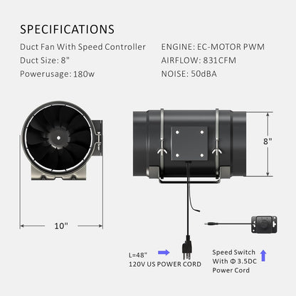 Toolazy Quiet 8" Inline Duct Fan 831 CFM Ventilation Exhaust Fan EC Motor and External 0-100%