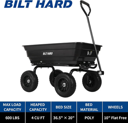 BILT HARD 4 Cu.Ft. 10" No-Flat Tires Poly Yard Dump Cart with 180° Rotating Handle, 600 lbs