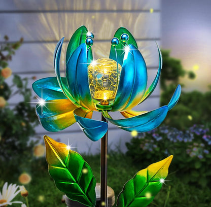 Solar Yard Lights Wind Spinners- Metal Lotus Flower Garden Decor LED Crackle Glass Globe Yard Art